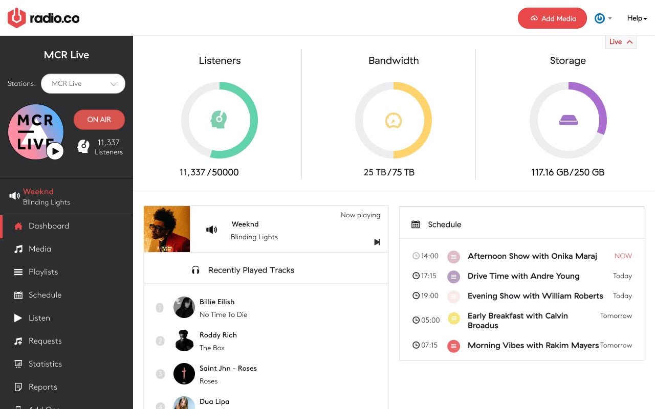 Radio.co dashboard (MCR.Live)