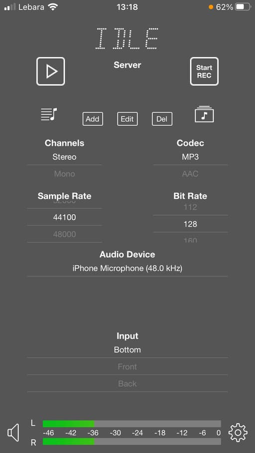 A screenshot showing the homescreen of iziCast. The options to start and stop broadcasting, start and stop recording, change input and broadcasting settings, and add media all are on display..