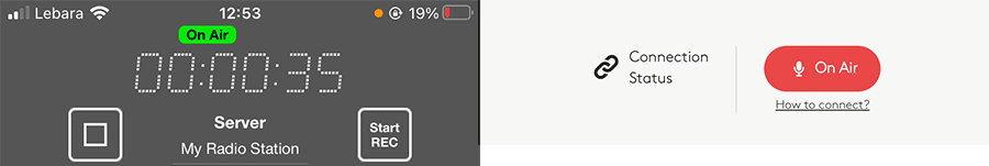 The On Air Buttons in iziCast and Radio.co side by side.